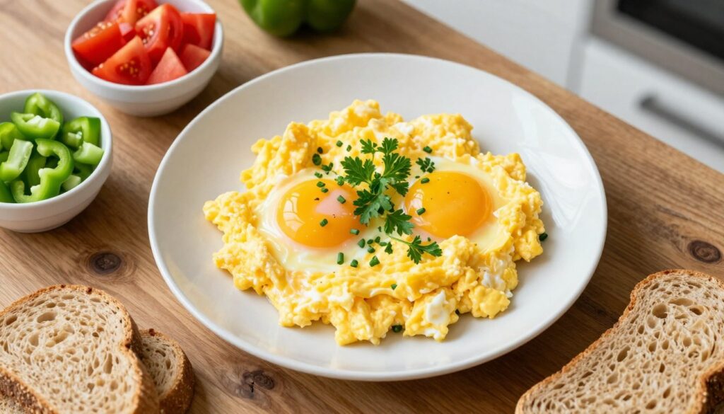 An overhead shot of a beautifully arranged plate featuring scrambled eggs made from two eggs, served with a garnish of fresh herbs like parsley and chives, on a rustic wooden table. The plate is centered with a bright, inviting color contrast, emphasizing the creamy texture of the eggs. Surrounding the plate are small bowls filled with nutritious ingredients like diced tomatoes, green bell peppers, and whole-grain bread slices, subtly reflecting a balanced diet. Soft, natural lighting cascades from the side, highlighting the dish's richness and inviting warmth. In the background, there are hints of a bright kitchen setting, creating a homely atmosphere. The image conveys a sense of healthiness and satisfaction, appealing to those interested in nutrition and well-being.