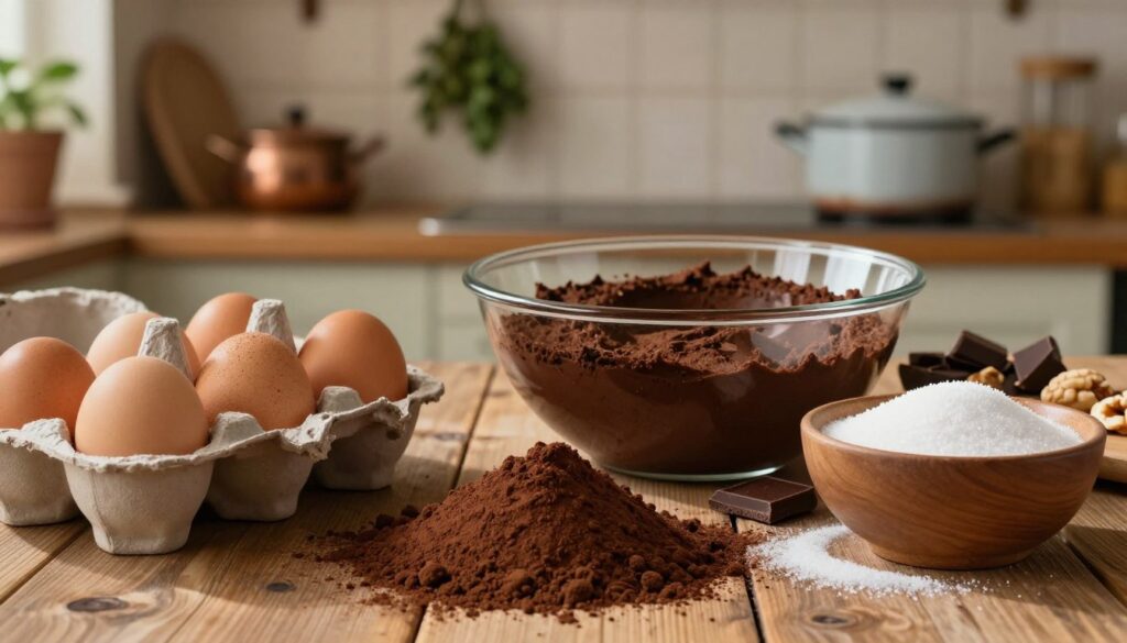 A beautiful and inviting display of ingredients for "Ciasto Salceson Siostry Anastazji" arranged thoughtfully on a rustic wooden table. In the foreground, prominently feature a generous mound of finely ground cocoa powder, surrounded by fresh eggs in a delicate carton, and a bowl of sugar sparkling in natural light. In the middle, place a mixing bowl filled with a rich, dark batter, complemented by chocolate pieces and nuts. In the background, softly blurred, showcase a nostalgic kitchen setting with traditional cookware and herbs hanging from the walls, reflecting the warmth of home cooking. The atmosphere should evoke a sense of tradition and comfort, with soft golden lighting highlighting the textures and colors of the ingredients, creating a cozy yet professional ambiance suitable for a culinary article.