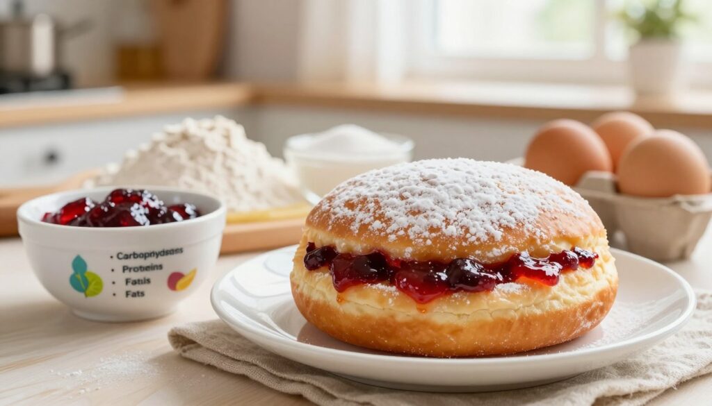 A beautifully arranged plate featuring a freshly made homemade doughnut (pączek) in the foreground, dusted with powdered sugar and filled with vibrant fruit jam. Beside it, a small bowl of nutritional values showcasing the breakdown of carbohydrates, proteins, and fats, artistically illustrated with colored icons. In the middle ground, there are ingredients like flour, sugar, and eggs presented neatly, emphasizing the homemade aspect. The background is softly blurred with a cozy kitchen setting, warm natural light streaming through a window, creating an inviting atmosphere. Shot at a slight overhead angle using a soft-focus lens to enhance the textures and colors, conveying a wholesome and delicious vibe, suited for discussing nutritional content.