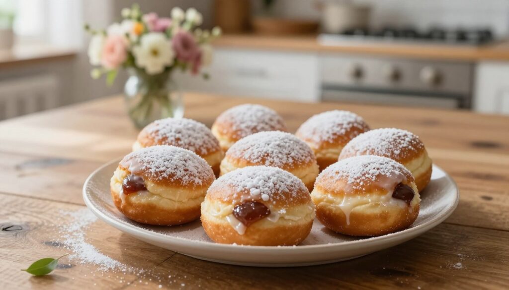 A beautifully arranged plate of pączki, freshly glazed and dusted with powdered sugar, sits elegantly in the foreground. The doughnuts are perfectly round, showcasing a golden-brown exterior and a rich filling peeking through some of the icing. In the middle ground, a rustic wooden table provides warmth to the scene, adorned with a delicate floral centerpiece that adds a touch of color. Soft, natural lighting filters in from the left, creating a warm, inviting glow that highlights the textures of the pączki. In the background, a faint outline of a cozy kitchen suggests the homemade essence of these treats. The mood is indulgent yet mindful, inspiring a sense of enjoyment without guilt, perfect for celebrating Fat Thursday.