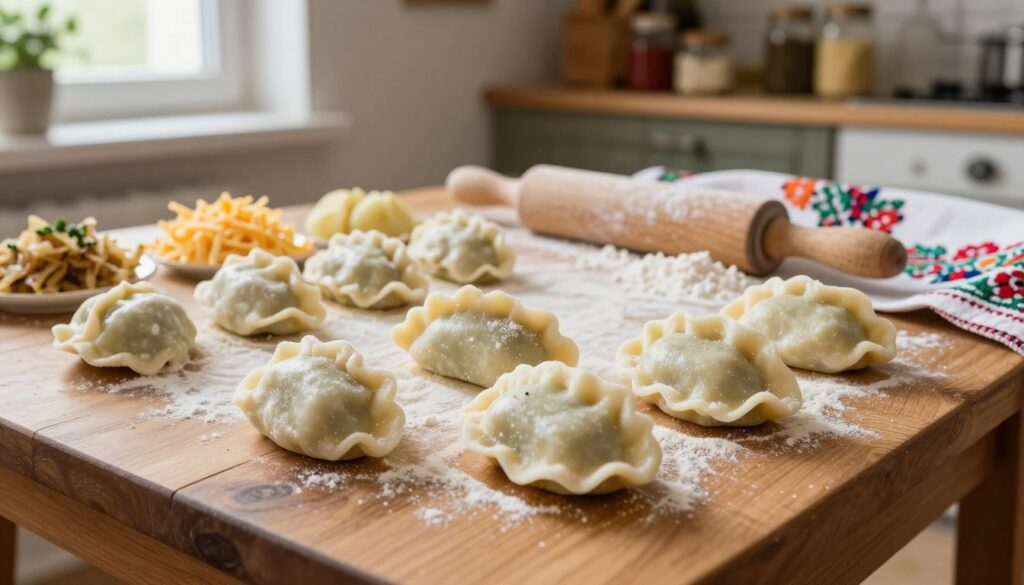 A beautifully crafted wooden kitchen table adorned with freshly made pierogi, displaying a variety of fillings like potato, cheese, and sauerkraut. In the foreground, there are three perfectly shaped pierogi, highlighted by soft, diffused natural light coming from a nearby window. In the middle, a rolling pin and a dusting of flour suggest an active cooking process, while a colorful embroidered tablecloth adds a warm, homey feel. In the background, blurred shelves filled with jars of spices and a hint of fresh herbs create an inviting atmosphere. The camera angle is slightly above the table, allowing for an intimate view of the pierogi arrangement, evoking a sense of comfort and tradition in the home kitchen setting. A beautifully crafted wooden kitchen table adorned with freshly made pierogi, displaying a variety of fillings like potato, cheese, and sauerkraut. In the foreground, there are three perfectly shaped pierogi, highlighted by soft, diffused natural light coming from a nearby window. In the middle, a rolling pin and a dusting of flour suggest an active cooking process, while a colorful embroidered tablecloth adds a warm, homey feel. In the background, blurred shelves filled with jars of spices and a hint of fresh herbs create an inviting atmosphere. The camera angle is slightly above the table, allowing for an intimate view of the pierogi arrangement, evoking a sense of comfort and tradition in the home kitchen setting.
