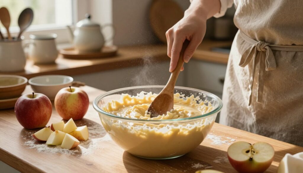A cozy kitchen scene depicting the preparation of "masa" for a traditional Polish dessert. In the foreground, a wooden countertop is adorned with a large mixing bowl filled with a creamy, buttery mixture, surrounded by fresh ingredients like diced apples and scattered flour. A hand, dressed in a modest apron, is stirring the concoction with a wooden spoon. In the background, soft, warm lighting creates an inviting atmosphere, highlighting vintage kitchen utensils and a window that lets in sunlight, illuminating the dust particles in the air. The mood is warm and inviting, celebrating the art of traditional cooking in a homey environment, emphasizing the step-by-step process of making the perfect filling.