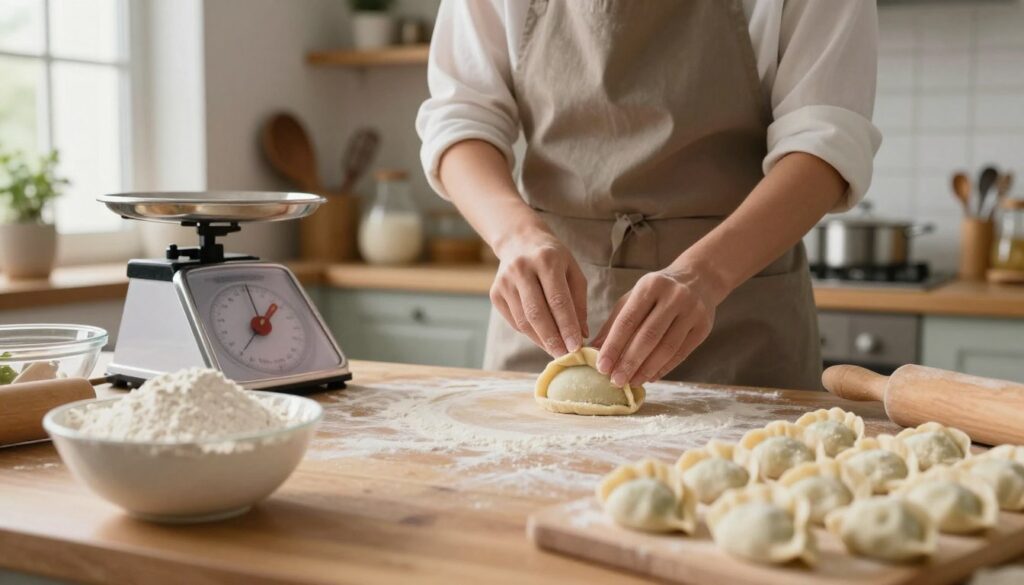 A kitchen scene focused on preparing dumplings, specifically pierogi, with a scale and measuring tools prominently displayed in the foreground. A bowl of flour and a rolling pin are visible, while neatly shaped pierogi are arranged on a wooden board. In the middle ground, a person in a professional kitchen apron expertly measures 250 grams of dough with a scale, showcasing their focused expression. Soft, natural lighting filters in from a nearby window, creating a warm and inviting atmosphere. In the background, a shelf with cooking utensils and ingredients adds to the cozy kitchen vibe. The image captures the essence of careful preparation and ingredient measurement, emphasizing a practical approach to cooking pierogi. A kitchen scene focused on preparing dumplings, specifically pierogi, with a scale and measuring tools prominently displayed in the foreground. A bowl of flour and a rolling pin are visible, while neatly shaped pierogi are arranged on a wooden board. In the middle ground, a person in a professional kitchen apron expertly measures 250 grams of dough with a scale, showcasing their focused expression. Soft, natural lighting filters in from a nearby window, creating a warm and inviting atmosphere. In the background, a shelf with cooking utensils and ingredients adds to the cozy kitchen vibe. The image captures the essence of careful preparation and ingredient measurement, emphasizing a practical approach to cooking pierogi.