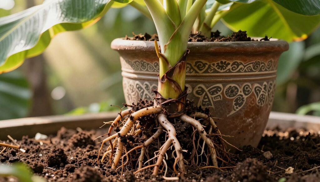 A vibrant, close-up image of a banana plant’s root system, showcasing the rich, dark soil and organic matter that serves as the foundation for healthy growth. In the foreground, focus on the intricate network of roots intertwined with compost and peat, illustrating a complex ecosystem. The middle ground should feature a sturdy, decorative pot that beautifully contrasts with the earthy tones, adorned with green leaves peeking out from the top. In the background, soft, diffused sunlight filters through the leaves of the banana plant, creating a warm and inviting atmosphere. Employ a shallow depth of field to emphasize the roots and pot, while the background remains slightly blurred, enhancing the mood of nourishment and growth. The overall scene embodies a sense of vitality and the essentials for successful banana cultivation.