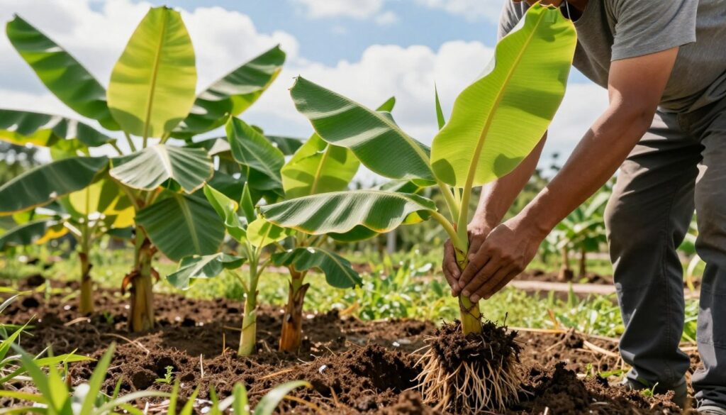 A vibrant scene illustrating the process of replanting a Musa acuminata plant. In the foreground, a gardener dressed in modest casual clothing gently lifts a young banana plant from a pot, revealing its lush green leaves and healthy roots. The middle layer features a well-prepared garden bed with rich soil and several banana plants at different stages of growth, showcasing their broad leaves and bright, tropical foliage. In the background, a sunny sky and a few scattered clouds complete the scene, casting soft, warm light across the entire setting. The atmosphere is lively and hopeful, emphasizing the nurturing aspect of plant care and the beauty of tropical gardening. Capture the moment from a slightly elevated angle, highlighting the gardener’s interaction with the plant and the vibrant environment.