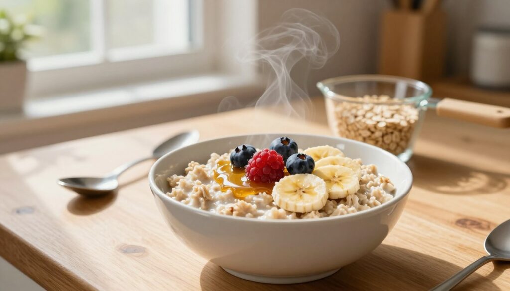 A beautifully arranged bowl of oatmeal, steaming and inviting, placed on a wooden kitchen table. The foreground highlights the textured surface of the oatmeal, topped with fresh berries, sliced bananas, and a drizzle of honey, showcasing a healthy portion suitable for breakfast. In the middle, a neatly placed spoon rests beside the bowl, with a measuring cup partially filled with oats to emphasize portion control. The background features natural morning light streaming through a window, casting soft shadows and illuminating the scene. An aesthetic kitchen setting, complete with blurred kitchen utensils, enhances the warm and wholesome mood. The overall atmosphere is inviting and educational, visually reflecting healthy eating practices.