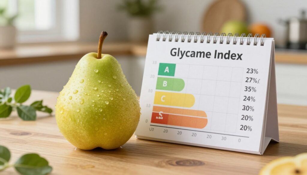 A beautifully arranged wooden table featuring a ripe pear, showcasing its vibrant green and yellow hues, with water droplets glistening on its surface to convey freshness. Beside the pear, a detailed glycemic index chart is artistically integrated, highlighting different foods and their glycemic values in an inviting way. The background includes soft-focus kitchen elements like herbs and fruits, enhancing the natural atmosphere. Subtle natural light streams in from a nearby window, creating a warm and inviting ambiance. The angle captures the pear and chart in the foreground, with blurred kitchen elements providing depth. The mood is educational and vibrant, effectively illustrating the impact of glycemic index on blood sugar levels.