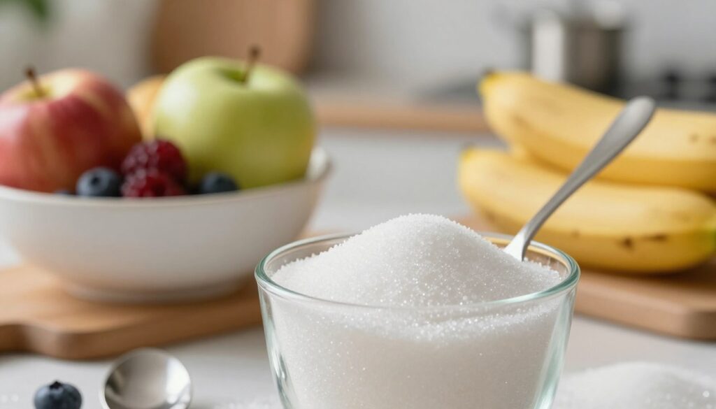 A close-up of a clear glass filled with granulated white sugar, glistening under soft, diffused daylight. The foreground features the sugar with a spoon resting beside it, highlighting the texture and sparkle. In the middle, a soft-focus bowl of assorted fruits such as apples, berries, and bananas, emphasizing natural sugars. The background showcases blurred kitchen elements, like a cutting board and measuring cups, creating a homey atmosphere. The lighting is warm and inviting, evoking a sense of comfort and health. The overall mood is educational and informative, perfect for illustrating the impact of sugar in one’s diet.