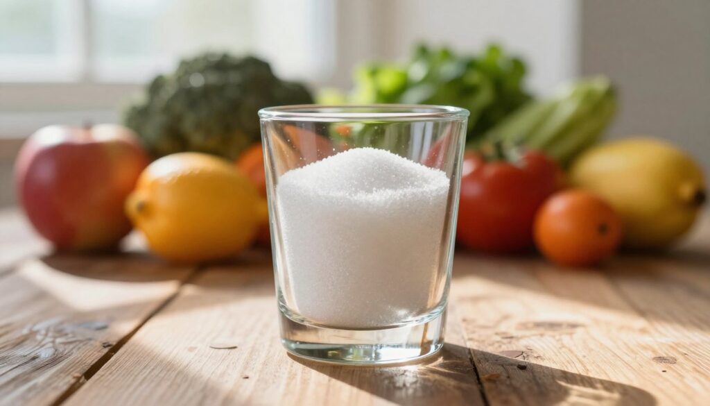A close-up view of a clear glass of sugar, showcasing its granulated texture, placed on a rustic wooden table. In the foreground, bright reflections and highlights on the glass create a fresh and vibrant feel. The middle ground includes a blurred assortment of colorful fruits and vegetables, symbolizing various nutrients like vitamins and minerals, linking to the idea of nutritional values beyond just calories. In the background, soft natural light pours in from a window, casting gentle shadows and enhancing the warm, inviting atmosphere. The overall mood is educational yet appealing, drawing attention to the importance of understanding nutritional values in a balanced diet.