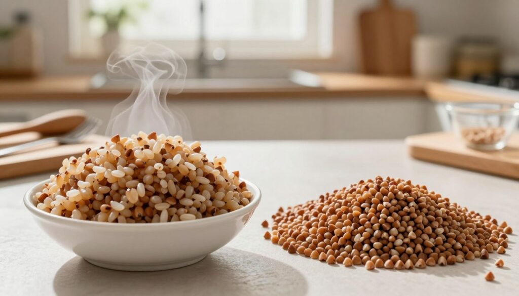 A detailed and informative comparison image depicting cooked buckwheat and raw buckwheat grains side by side. In the foreground, showcase a small bowl of perfectly cooked, fluffy buckwheat, steam rising from it, highlighting its texture and color nuances. Next to it, a small pile of raw, uncooked buckwheat grains, with their earthy tones visible. In the middle ground, include a neatly arranged kitchen table with a wooden cutting board, some utensils, and a measuring cup to suggest preparation. The background features soft, warm natural lighting coming from a nearby window, creating a cozy kitchen atmosphere. The camera angle should be slightly above the table, focusing on the contrast and nutritional differences between cooked and raw buckwheat, enhancing the educational aspect of the image.