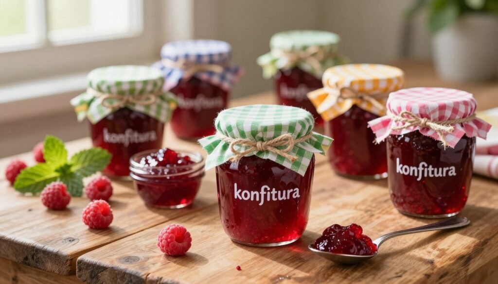 A rustic wooden table filled with jars of vibrant red raspberry jam, known as "konfitura," glistening in their glass containers, each topped with a colorful fabric lid and tied with twine. In the foreground, a few jars are open, with tempting spoonfuls of jam displayed next to them. The background features fresh raspberries and sprigs of mint, adding a pop of color. Soft, warm light filters through a nearby window, casting gentle shadows and creating a cozy atmosphere. The scene evokes a sense of home-cooked comfort and tradition, emphasizing the art of canning and preserving. The focus is sharp on the jars to highlight their textures, while the background is slightly blurred for depth.