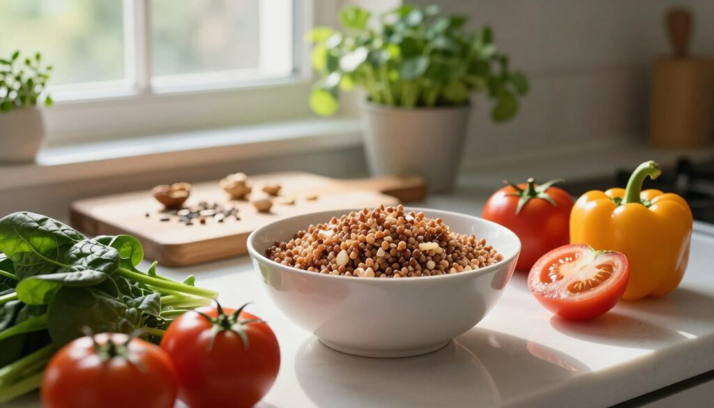 A serene kitchen countertop filled with a bowl of cooked buckwheat, glistening under soft, natural sunlight streaming in from a nearby window. In the foreground, vibrant vegetables such as spinach, tomatoes, and bell peppers surround the bowl, symbolizing the rich vitamins and minerals present in the dish. Midground features a wooden cutting board with scattered nuts and seeds, enhancing the nutritious aspect. The background showcases a blurred array of kitchen herbs in pots, adding a fresh and wholesome atmosphere. The lighting is warm and inviting, creating a peaceful ambiance. Use a focused lens to emphasize the textures and colors of the ingredients, inviting viewers to appreciate their health benefits.