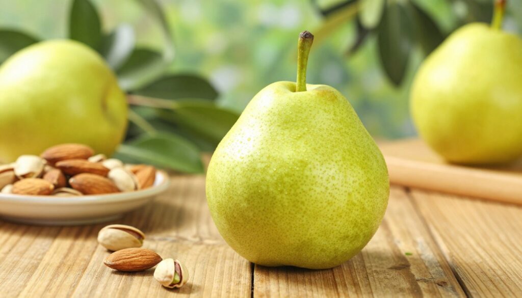 A vibrant still life featuring a ripe pear, showcasing its smooth skin with subtle variations of green and yellow hues. Set the scene on a rustic wooden table, with soft natural light illuminating the pear, creating delicate shadows that enhance its shape. In the foreground, include a small, decorative bowl filled with potassium-rich nuts, such as almonds and pistachios, emphasizing the health benefits associated with consuming pears. In the background, a gentle blur of lush greens, reminiscent of an orchard, captures the essence of natural abundance. The atmosphere should be fresh and inviting, evoking a sense of well-being and nourishment, with a focus on the pear as the centerpiece of health and vitality.