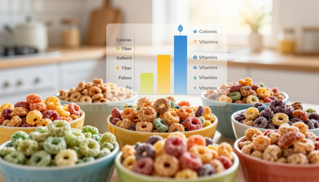 A visually captivating image representing the nutritional values of breakfast cereals. In the foreground, a variety of colorful cereals in vibrant bowls, showcasing different shapes and textures, such as flakes, clusters, and loops. In the middle ground, a visually appealing chart displaying key nutritional elements like calories, fiber, and vitamins, with icons or illustrations for each nutrient. The background features a soft-focus kitchen scene, with sunlight streaming in through a window, creating an inviting and warm atmosphere. The colors should be vivid and appetizing, reflecting health and energy. Use a high-angle perspective to create a sense of abundance and wellness, emphasizing the importance of mindful dietary choices.