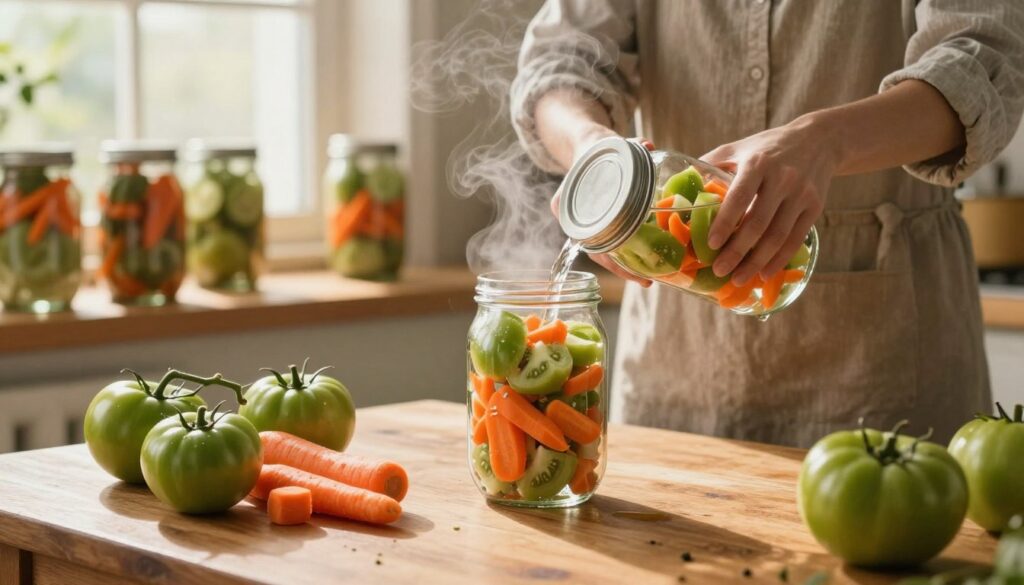 A cozy kitchen scene featuring the process of canning green tomato and carrot salad for winter storage. In the foreground, a wooden table is adorned with freshly chopped green tomatoes and vibrant orange carrots, placed next to glass jars filled with colorful salad. The middle layer shows a person in modest casual clothing, carefully pouring boiling water into jars, with steam visible in the air. In the background, shelves hold various jars of preserved foods, and a window lets in warm, natural light that creates a soft glow, enhancing the inviting atmosphere. The composition captures the essence of seasonal preservation, evoking a sense of tradition and homeliness, with a focus on the details of the canning process. A cozy kitchen scene featuring the process of canning green tomato and carrot salad for winter storage. In the foreground, a wooden table is adorned with freshly chopped green tomatoes and vibrant orange carrots, placed next to glass jars filled with colorful salad. The middle layer shows a person in modest casual clothing, carefully pouring boiling water into jars, with steam visible in the air. In the background, shelves hold various jars of preserved foods, and a window lets in warm, natural light that creates a soft glow, enhancing the inviting atmosphere. The composition captures the essence of seasonal preservation, evoking a sense of tradition and homeliness, with a focus on the details of the canning process.