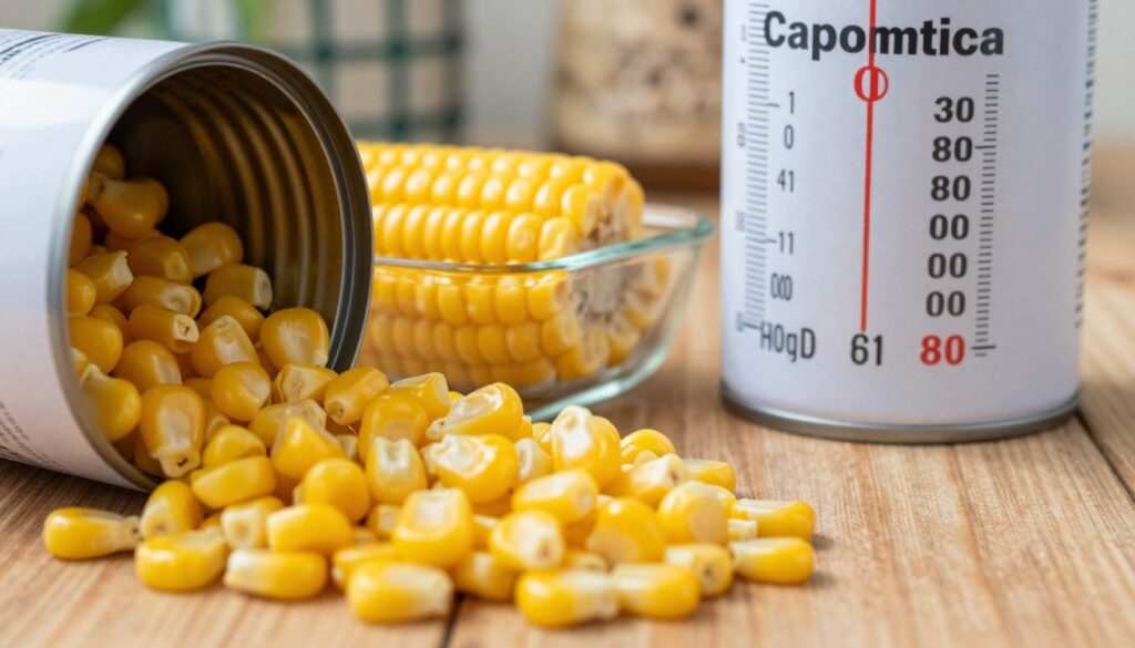 A detailed nutritional breakdown of canned corn, featuring a close-up view of a corn can with its contents partially poured out onto a wooden table. The foreground showcases vibrant, glossy yellow kernels of corn, glistening under soft, natural light, highlighting their texture. In the middle ground, a clear glass dish displays the corn alongside a precise measuring scale and measuring cup, emphasizing the process of calculating calories. The background features a rustic kitchen setting with subtle decor, creating a warm, inviting atmosphere. The image captures a sense of focus and clarity, making it ideal for illustrating the process of calculating calorie content step by step. The lighting is warm, giving the scene a wholesome feel.