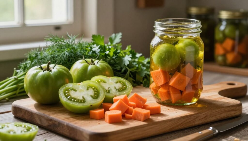 A rustic kitchen scene showcasing the preparation of a vibrant green tomato and carrot salad for winter preservation. In the foreground, a wooden cutting board is adorned with slices of fresh green tomatoes and finely chopped orange carrots, creating a colorful contrast. A glass jar filled with the layered ingredients sits to the side, glistening with a light sheen of olive oil. The middle ground features fresh herbs like dill and parsley, enhancing the natural colors. Soft, warm lighting filters through a nearby window, casting gentle shadows across the scene. The background hints at shelves stocked with jars of previous preserves, evoking a homey, inviting atmosphere. The overall mood is one of warmth and nostalgia, perfect for traditional winter cooking. A rustic kitchen scene showcasing the preparation of a vibrant green tomato and carrot salad for winter preservation. In the foreground, a wooden cutting board is adorned with slices of fresh green tomatoes and finely chopped orange carrots, creating a colorful contrast. A glass jar filled with the layered ingredients sits to the side, glistening with a light sheen of olive oil. The middle ground features fresh herbs like dill and parsley, enhancing the natural colors. Soft, warm lighting filters through a nearby window, casting gentle shadows across the scene. The background hints at shelves stocked with jars of previous preserves, evoking a homey, inviting atmosphere. The overall mood is one of warmth and nostalgia, perfect for traditional winter cooking.
