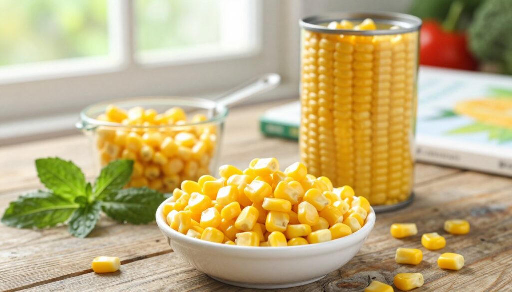 A vibrant and appetizing composition featuring canned corn arranged elegantly on a rustic wooden table. In the foreground, a small bowl of bright yellow corn kernels glistens with a light sheen, showcasing their freshness. The middle ground includes a measuring cup filled with the corn, alongside a green leafy garnish, emphasizing its healthy aspect. In the background, soft natural light filters through a nearby window, creating a warm and inviting atmosphere. Subtle hints of diet-related elements, such as a variety of colorful vegetables or a health-focused cookbook, can be seen blurred in the background, suggesting a healthy dietary context without overpowering the main subject. The overall mood is bright and optimistic, promoting the idea of canned corn as a nutritious component of a weight loss diet.