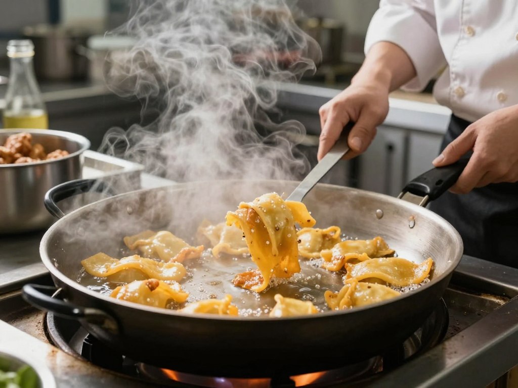 Profesjonalny chef przygotowujący smażony makaron