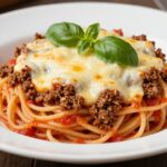 Spaghetti z piekarnika z mięsem mielonym podane na talerzu