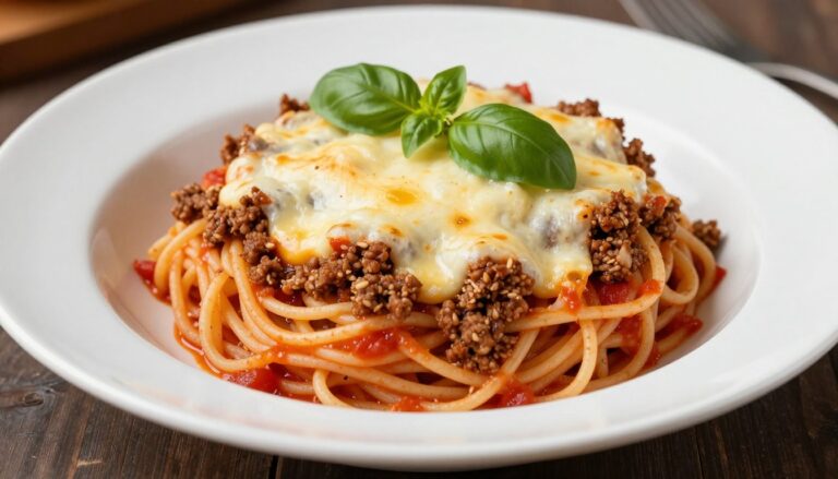 Spaghetti z piekarnika z mięsem mielonym podane na talerzu