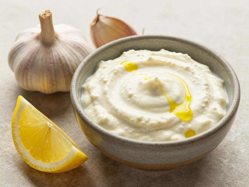 Aioli w miseczce ze świeżym czosnkiem