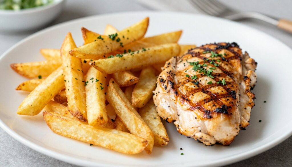 Frytki warzywne podane z grillowanym mięsem