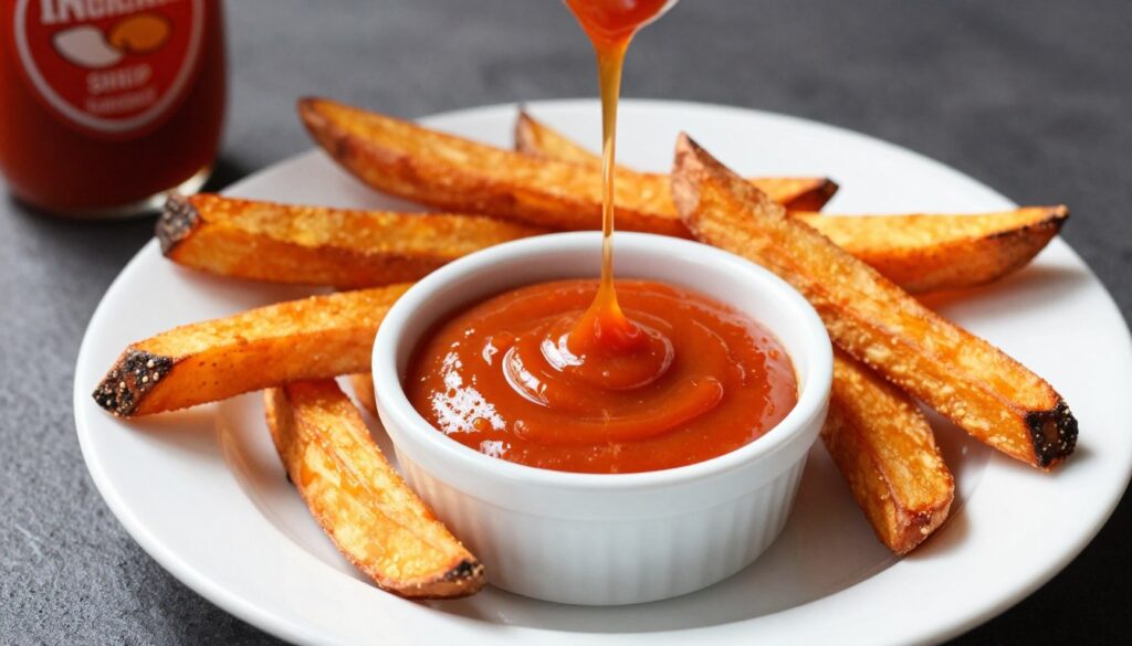 Sos sriracha mayo w miseczce z frytek z batatów