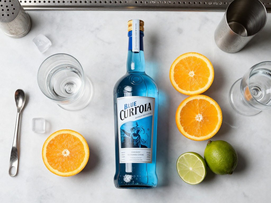 blue curacao w butelce obok składników do drinków