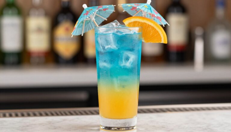 drink z blue curacao i sokiem pomarańczowym w wysokiej szklance z lodem