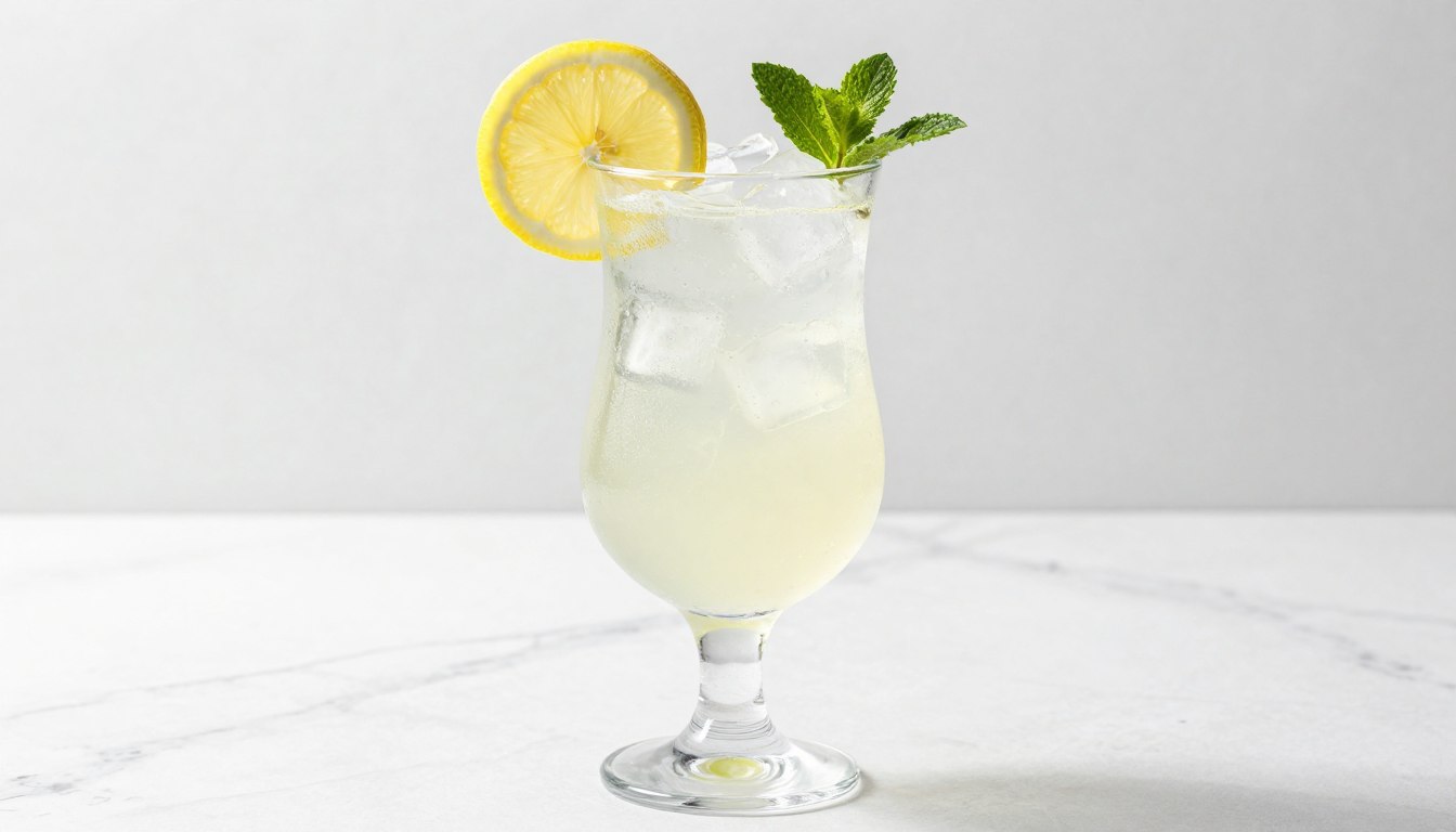 drink z cytrynówką w eleganckiej szklance z kostkami lodu i plasterkiem cytryny