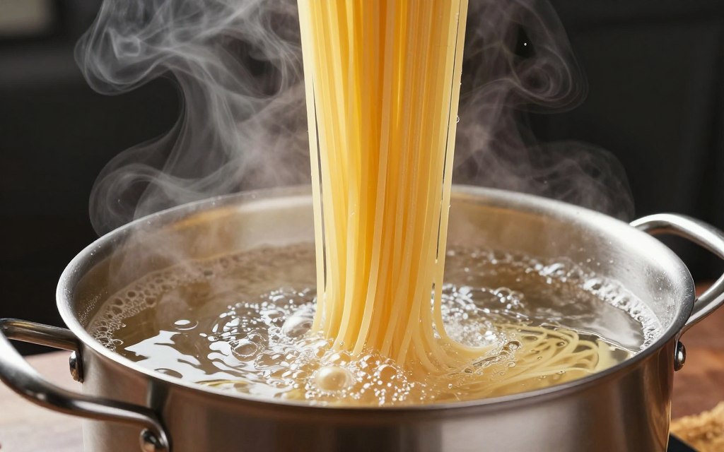 gotowanie spaghetti w wysokim garnku z wrzącą wodą gotowanie spaghetti w wysokim garnku z wrzącą wodą