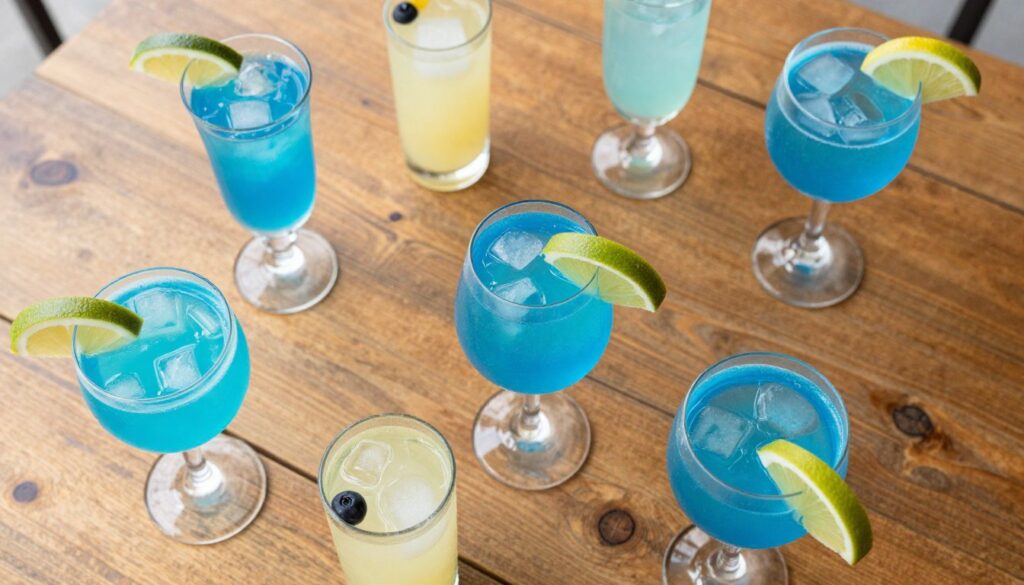 kolorowe drinki z blue curacao na stole