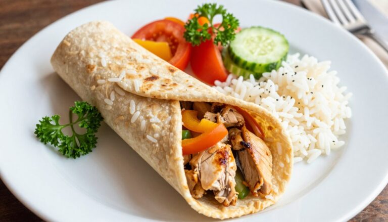kurczak gyros z ryżem na talerzu z warzywami