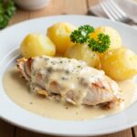 obiad z piersią z kurczaka w sosie podany na talerzu z ziemniakami