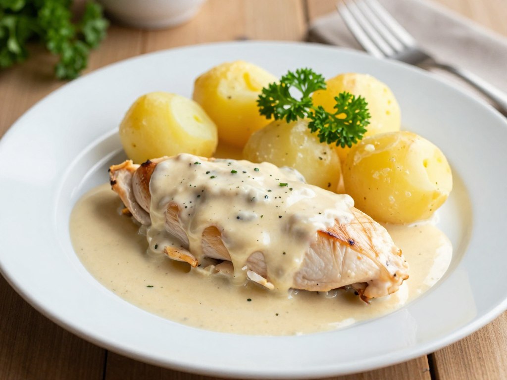 obiad z piersią z kurczaka w sosie podany na talerzu z ziemniakami