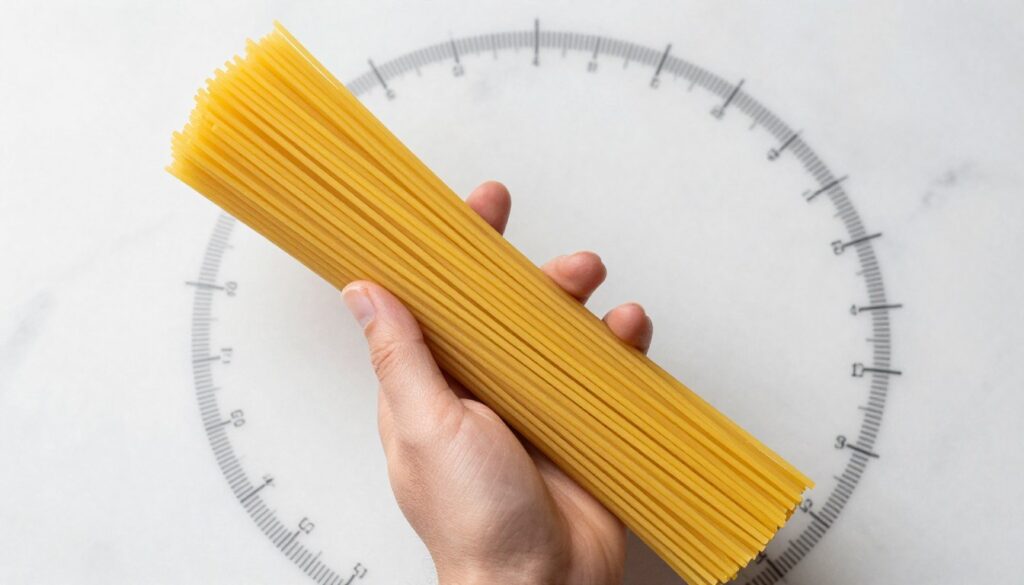 pęczek spaghetti trzymany w dłoni pokazujący standardową porcję