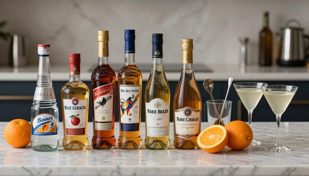różne marki blue curacao obok składników