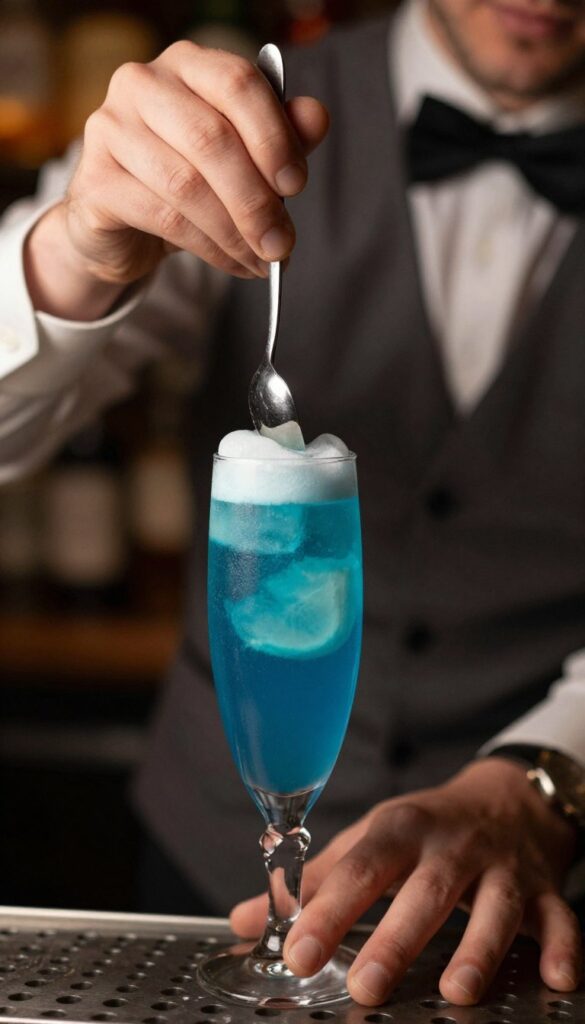 warstwowy drink blue curacao w procesie tworzenia