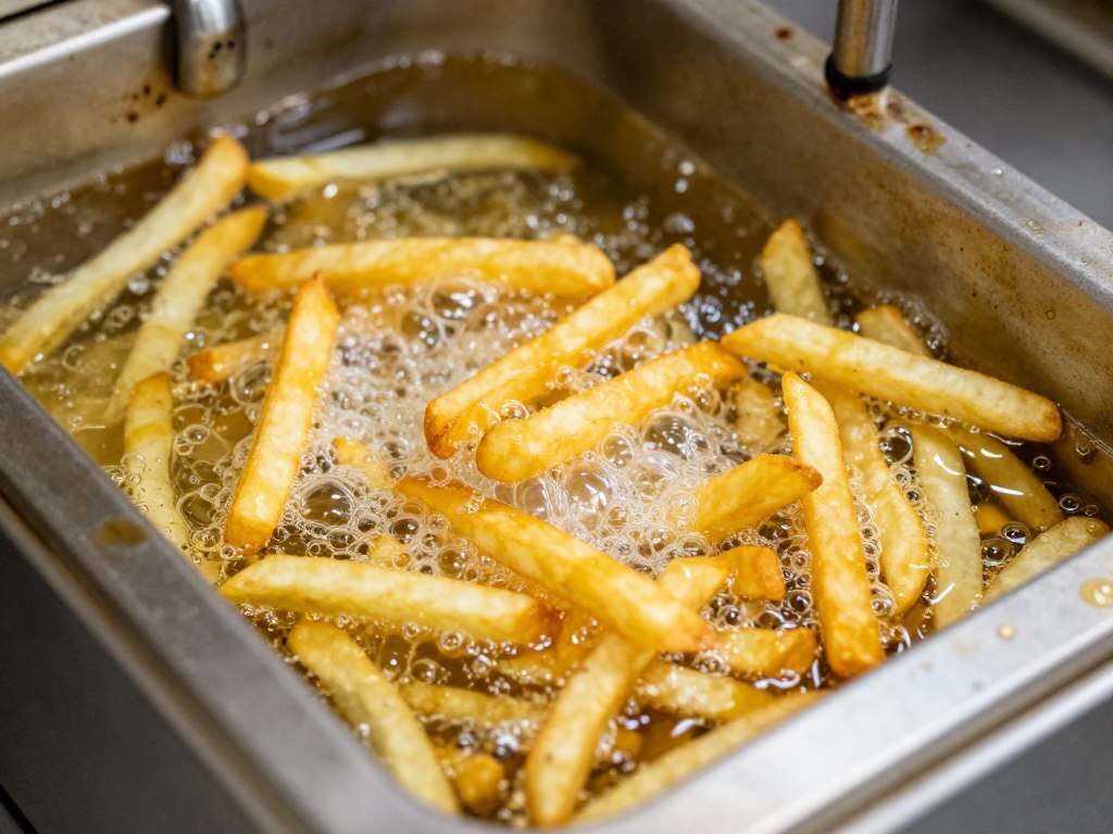 Frytki podczas procesu podwójnego smażenia