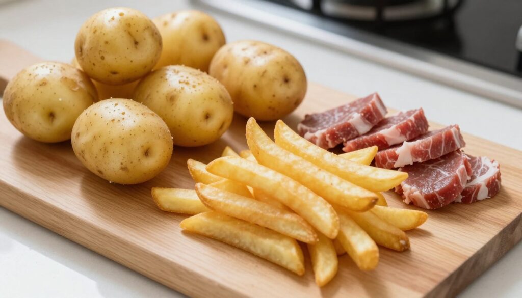 Świeże ziemniaki i pokrojone frytki stekowe