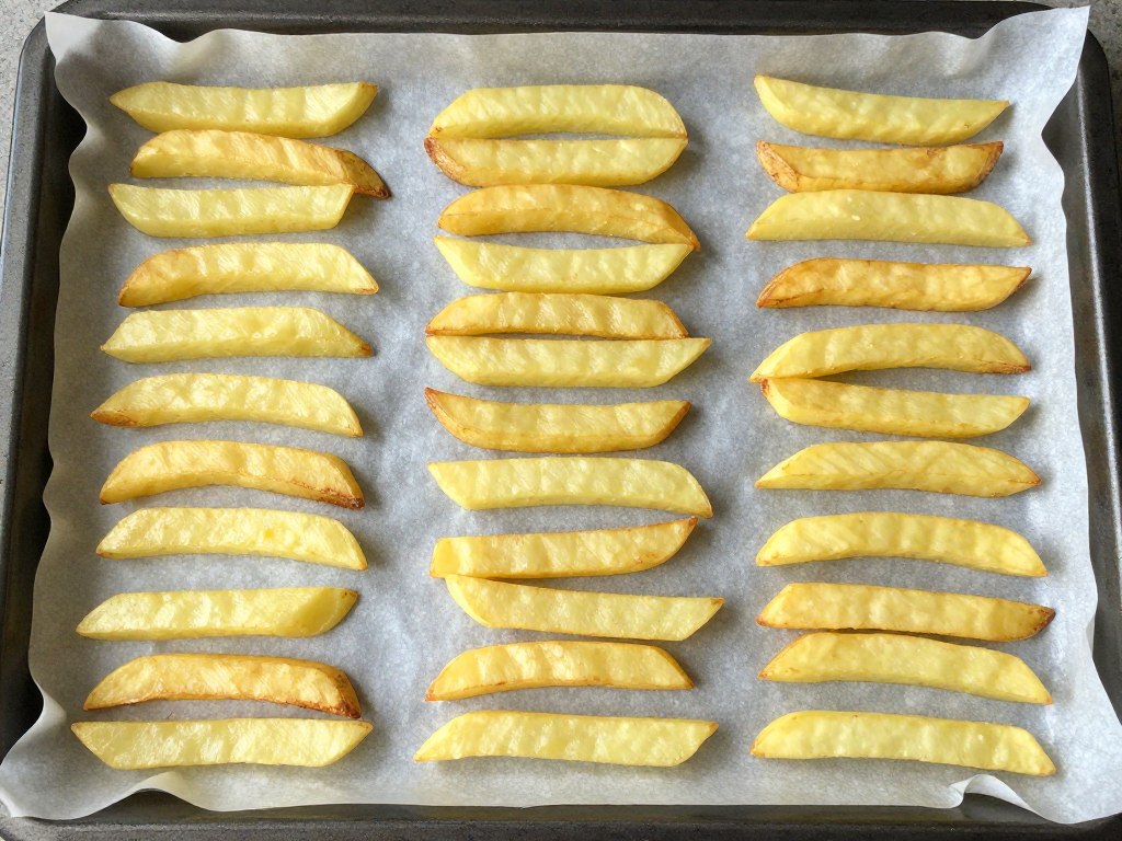 frytki rozłożone na blasze wyłożonej papierem do pieczenia