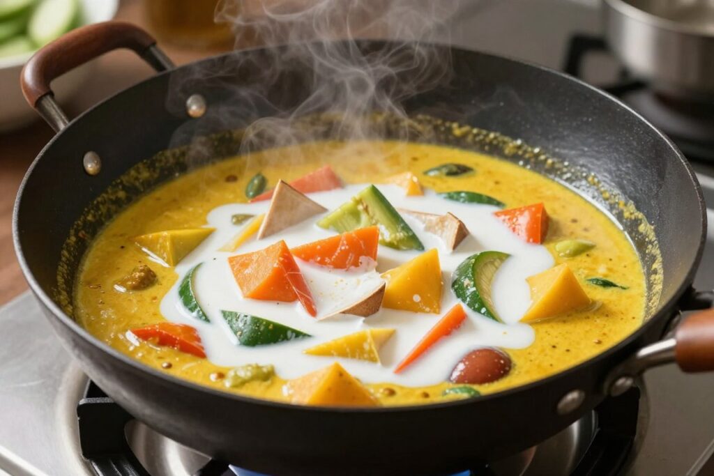 sos curry gotujący się z warzywami