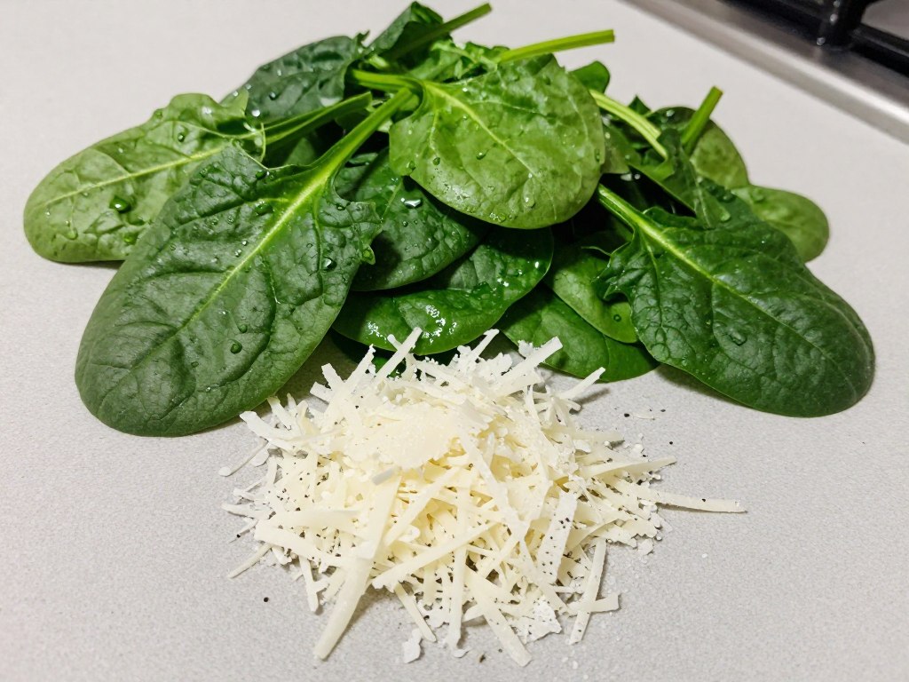 świeży szpinak i parmezan na blacie